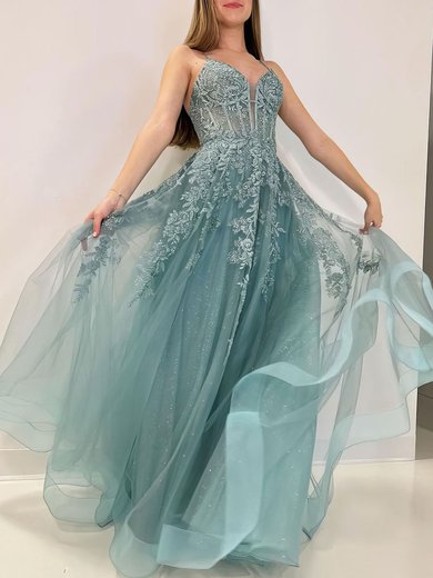Ball Gown/Princess V-neck Tulle Glitter Sweep Train Prom Dresses With Appliques Lace #Milly020121158
