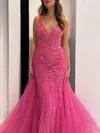 Trumpet/Mermaid V-neck Tulle Watteau Train Prom Dresses With Appliques Lace #Milly020121159