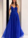 Ball Gown/Princess V-neck Tulle Glitter Floor-length Prom Dresses With Appliques Lace #Milly020121160