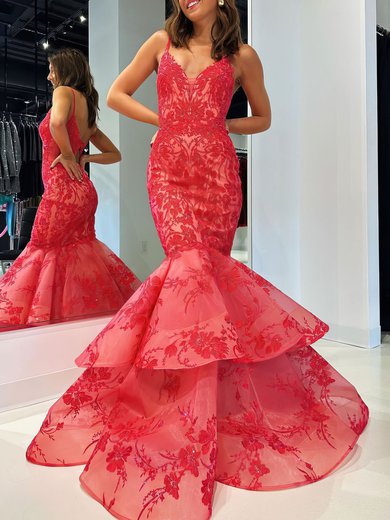 Trumpet/Mermaid V-neck Organza Sweep Train Prom Dresses With Appliques Lace #Milly020121168