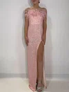 Sheath/Column Square Neckline Sequined Floor-length Prom Dresses With Feathers / Fur #Milly020121173