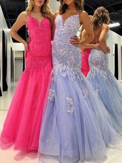Trumpet/Mermaid V-neck Glitter Sweep Train Prom Dresses With Appliques Lace #Milly020121177