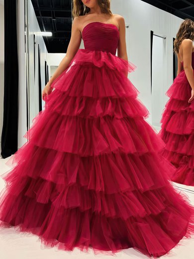 Ball Gown/Princess Straight Tulle Floor-length Prom Dresses With Tiered #Milly020121179