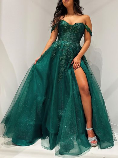 Ball Gown/Princess Off-the-shoulder Tulle Glitter Floor-length Prom Dresses With Appliques Lace #Milly020121181