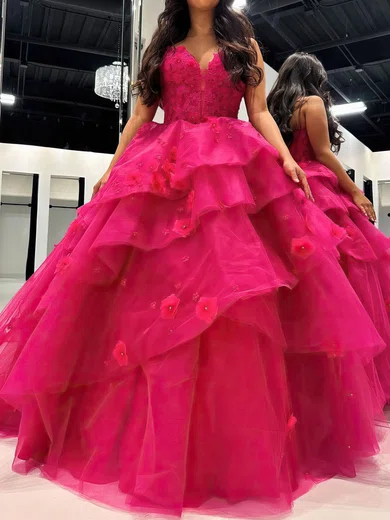 Ball Gown V-neck Tulle Tiered Prom Dresses With Appliques #Milly020121182