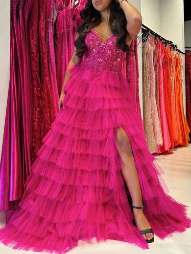 Ball Gown V-neck Tulle Ruffle Tiered Prom Dresses With Appliques #Milly020121183