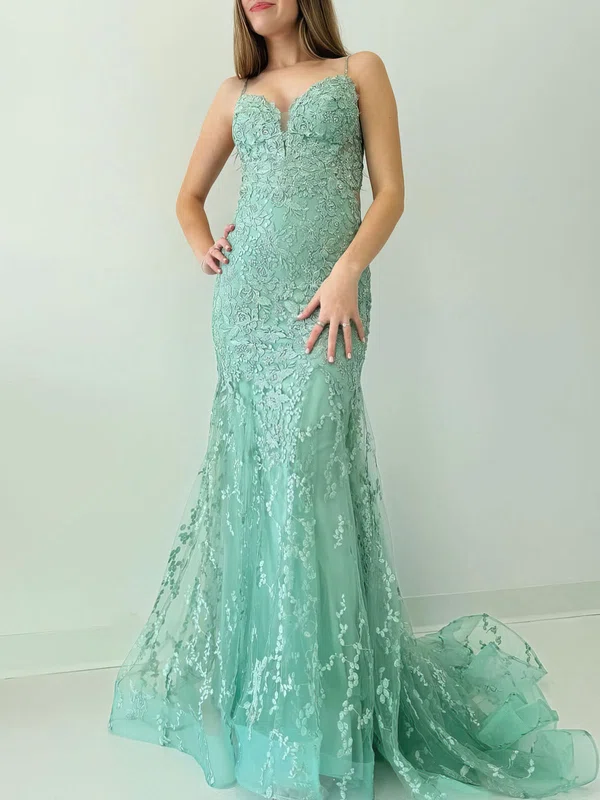 Trumpet/Mermaid V-neck Tulle Sweep Train Prom Dresses With Appliques Lace #Milly020121186