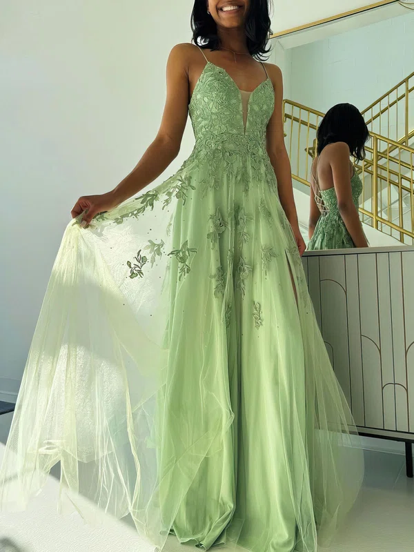Ball Gown/Princess V-neck Tulle Floor-length Prom Dresses With Appliques Lace #Milly020121187