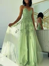 Ball Gown/Princess V-neck Tulle Floor-length Prom Dresses With Appliques Lace #Milly020121187