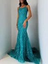 Trumpet/Mermaid Scoop Neck Tulle Sweep Train Prom Dresses With Appliques Lace #Milly020121192