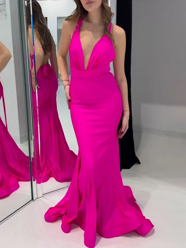 Trumpet/Mermaid V-neck Stretch Crepe Sweep Train Prom Dresses #Milly020121205