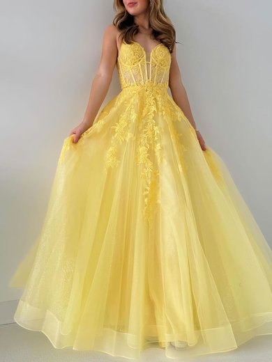 Ball Gown/Princess V-neck Tulle Glitter Sweep Train Prom Dresses With Appliques Lace #Milly020121210