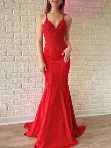 Mermaid V-neck Stretch Crepe Prom Dresses With Appliques #Milly020121211