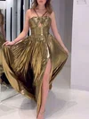 A-line Halter Metallic Sweep Train Prom Dresses With Ruched #Milly020121222