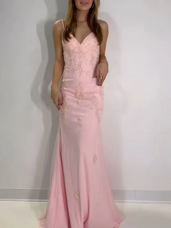 Trumpet/Mermaid V-neck Tulle Sweep Train Prom Dresses With Appliques Lace #Milly020121225