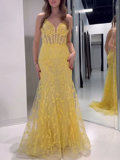 Mermaid V-neck Tulle Prom Dresses With Appliques #Milly020121232