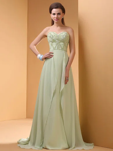 Sage Chiffon Sweetheart with Beading Sweep Train Popular Prom Dress #02014413
