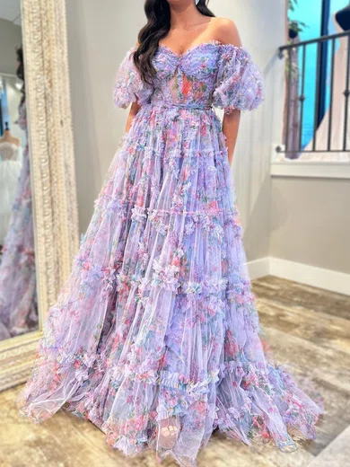 Ball Gown Off-the-shoulder Chiffon Floral Prom Dresses With Puff Sleeve #Milly020120326