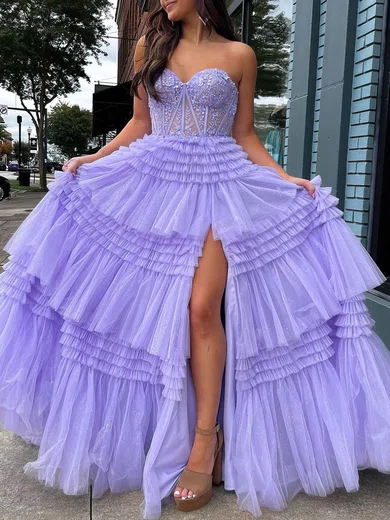 Ball Gown Strapless Tulle Ruffle Tiered Prom Dresses With Appliques #Milly020120344