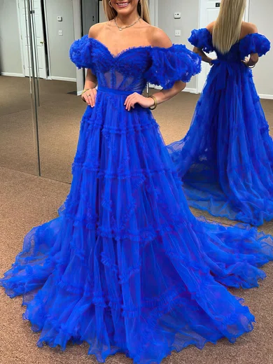 Ball Gown Off-the-shoulder Chiffon Ruffle Prom Dresses With Puff Sleeve #Milly020120391