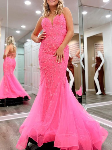 Trumpet/Mermaid V-neck Tulle Sweep Train Prom Dresses With Appliques Lace #Milly020120531