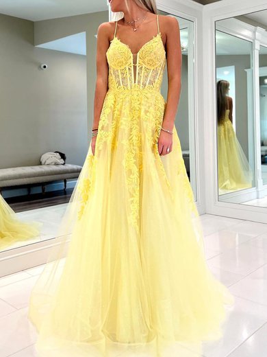 Ball Gown/Princess V-neck Tulle Sweep Train Prom Dresses With Appliques Lace #Milly020120532