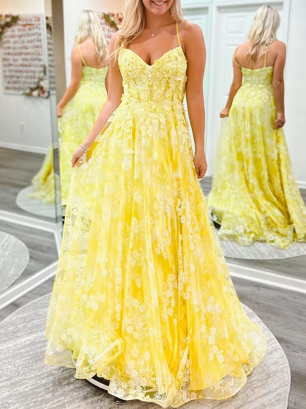 Ball Gown/Princess V-neck Lace Sweep Train Prom Dresses With Appliques Lace #Milly020120533