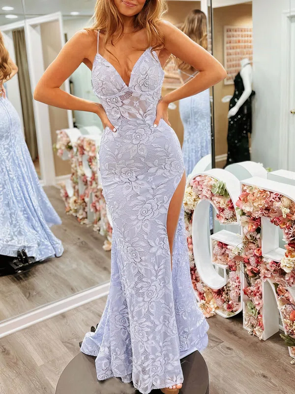 Trumpet/Mermaid V-neck Lace Sweep Train Prom Dresses With Split Side #Milly020120535