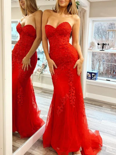 Mermaid Strapless Tulle Prom Dresses With Appliques #Milly020120539