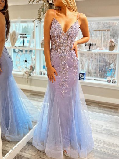Trumpet/Mermaid V-neck Glitter Floor-length Prom Dresses With Appliques Lace #Milly020120542