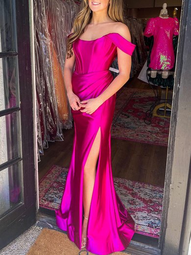 Trumpet/Mermaid Off-the-shoulder Silk-like Satin Sweep Train Prom Dresses With Ruched #Milly020120583
