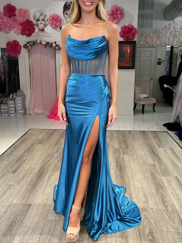 Trumpet/Mermaid Straight Silk-like Satin Sweep Train Prom Dresses With Split Front S020120690