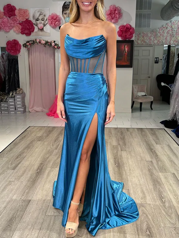 Trumpet/Mermaid Straight Silk-like Satin Sweep Train Prom Dresses With Ruched #Milly020120690