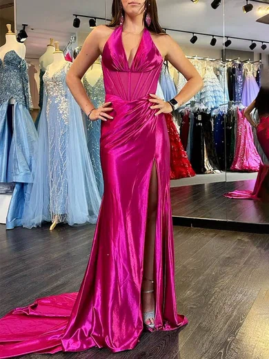 Mermaid Halter Satin Corset Prom Dresses With Ruched #Milly020120847