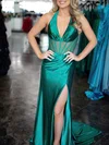 Trumpet/Mermaid Halter Silk-like Satin Sweep Train Prom Dresses With Split Front #Milly020121364