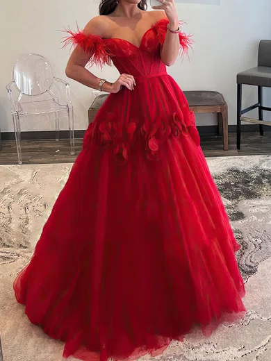 Princess Off-the-shoulder Tulle 3D Floral Prom Dresses With Feathers #Milly020121367