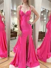 Trumpet/Mermaid V-neck Silk-like Satin Sweep Train Prom Dresses With Split Front #Milly020121368