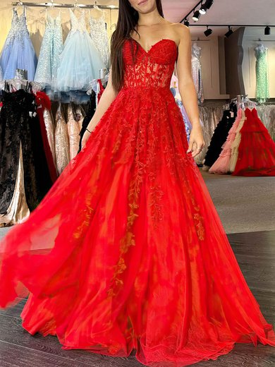 Ball Gown/Princess Sweetheart Tulle Sweep Train Prom Dresses With Appliques Lace #Milly020121386