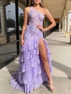 Trumpet/Mermaid One Shoulder Tulle Sweep Train Prom Dresses With Tiered #Milly020121395