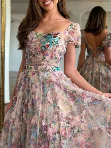 Princess Square Neckline Tulle Floral Prom Dresses With Beading #Milly020121397