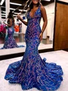Trumpet/Mermaid V-neck Sequined Sweep Train Prom Dresses #Milly020121413