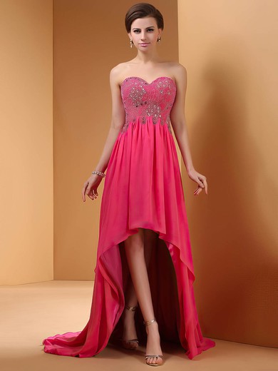 Fabulous Watermelon Chiffon Beading Sweetheart High Low Prom Dresses #02042254