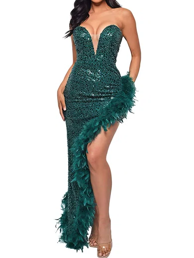 Sheath/Column V-neck Sparkly Sequin Prom Dresses With Feather #Milly020121431