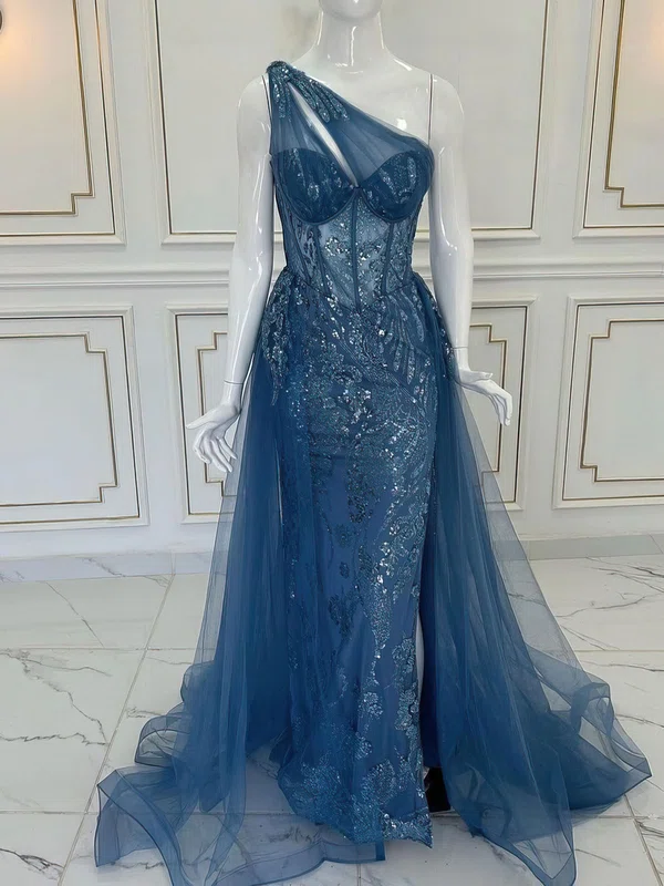 Trumpet/Mermaid One Shoulder Tulle Glitter Watteau Train Formal Dresses With Appliques Lace PT020121432