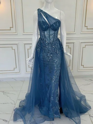 One Shoulder Rose Gold Long Mermaid Sequin Tulle Appliques Prom Dresses, Shiny Prom Dresses One Shoulder Rose Gold Long Mermaid Sequin Tulle Appliques Prom Dresses, Shiny Prom Dresses