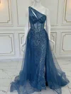 Trumpet/Mermaid One Shoulder Tulle Glitter Watteau Train Formal Dresses With Appliques Lace PT020121432