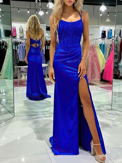 Trumpet/Mermaid Scoop Neck Silk-like Satin Sweep Train Prom Dresses With Appliques Lace #Milly020121442