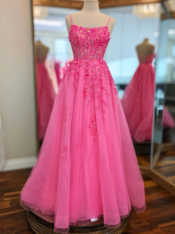 Ball Gown/Princess Square Neckline Tulle Glitter Floor-length Prom Dresses With Appliques Lace #Milly020121456