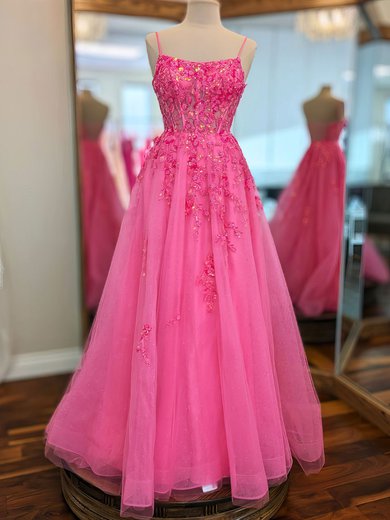 Ball Gown/Princess Square Neckline Tulle Glitter Floor-length Prom Dresses With Appliques Lace #Milly020121456