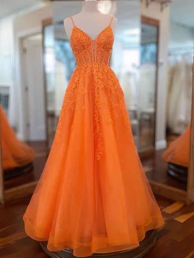 Ball Gown V-neck Tulle Corset Prom Dresses With Appliques #Milly020121457